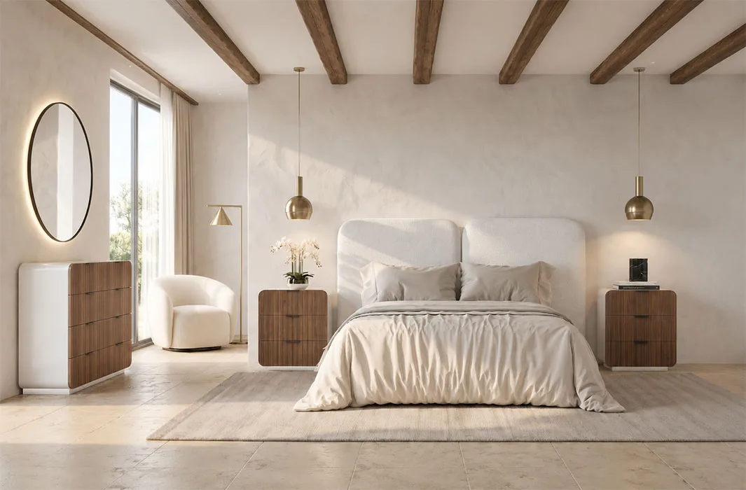 dormitorio-matrimonio-15 Dormitorio contemporáneo con cama de cabecero tapizado curvo, mesillas de madera con cantos redondeados, cómoda o consola a juego, espejo ovalado iluminado y decoración en tonos naturales